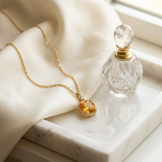 Citrine & Diamond Halo Cushion-Cut Pendant in 14K Yellow Gold - editorial