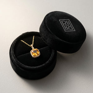 Citrine & Diamond Halo Cushion-Cut Pendant in 14K Yellow Gold - presentation