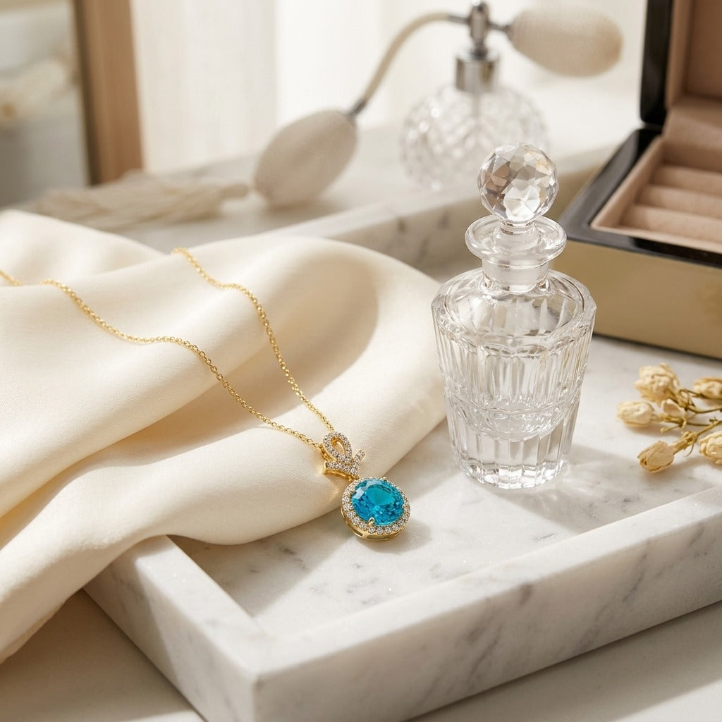 Blue Topaz & Diamond Pave Halo Pendant in 14K Yellow Gold - lifestyle