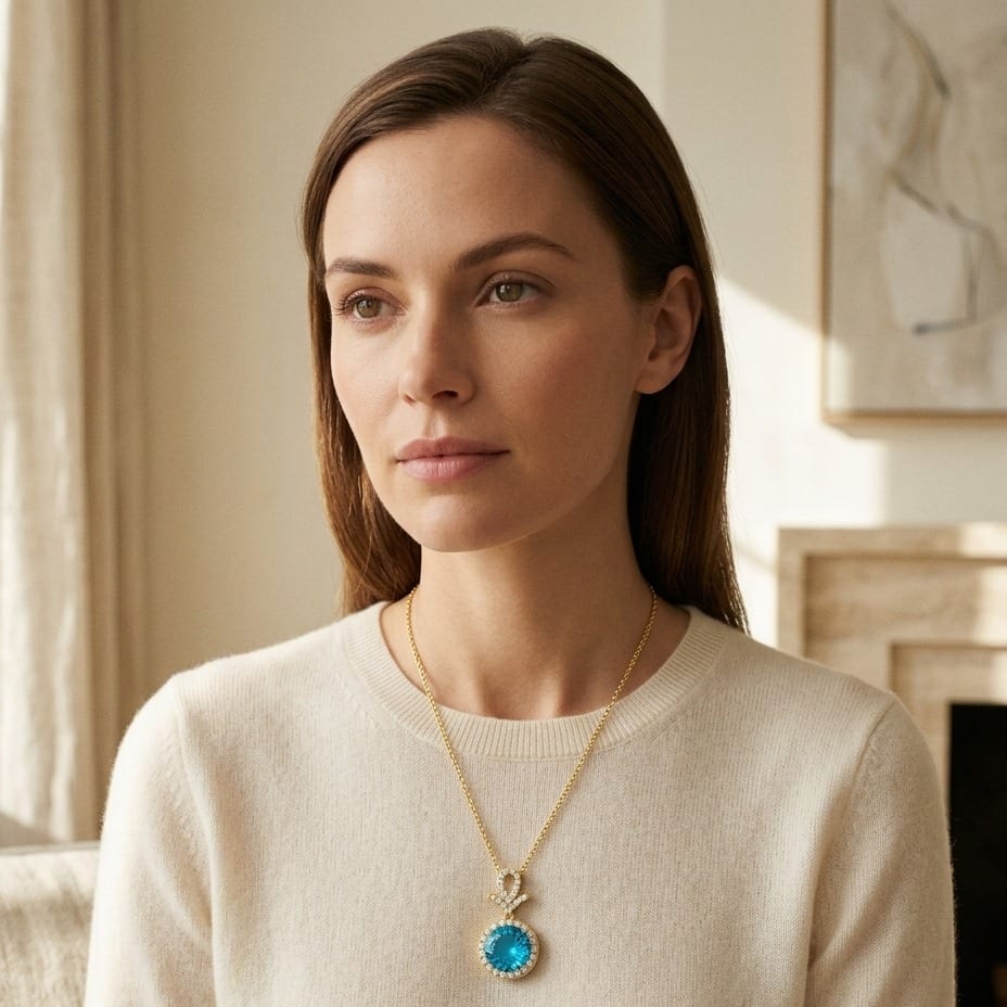 Blue Topaz & Diamond Pave Halo Pendant in 14K Yellow Gold - editorial