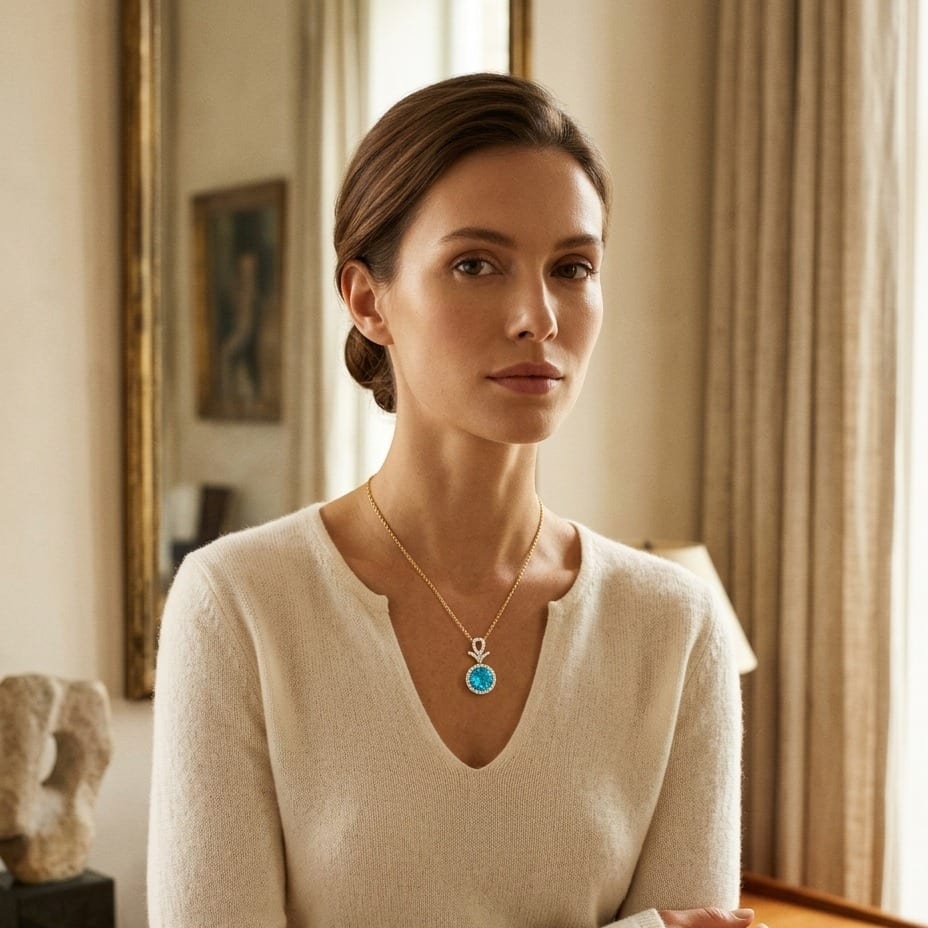 Blue Topaz & Diamond Pave Halo Pendant in 14K Yellow Gold - on model