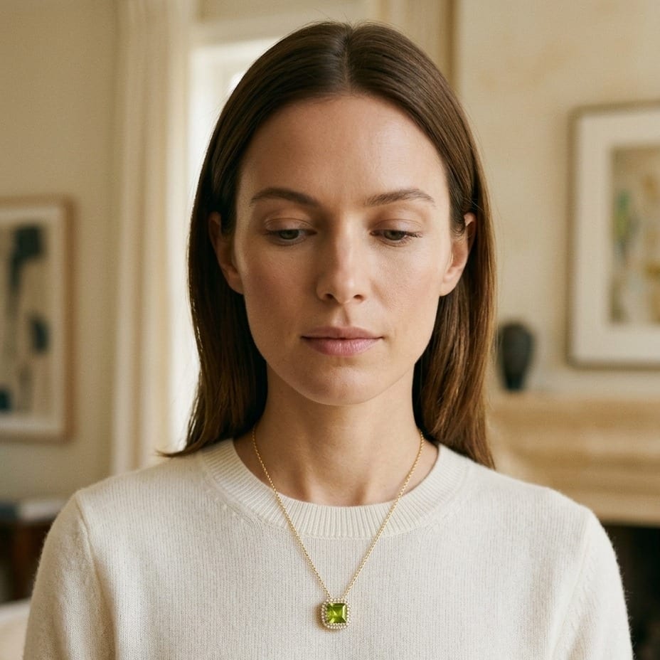 Peridot Cushion & Diamond Double Halo Pendant in 14K Yellow Gold - lifestyle