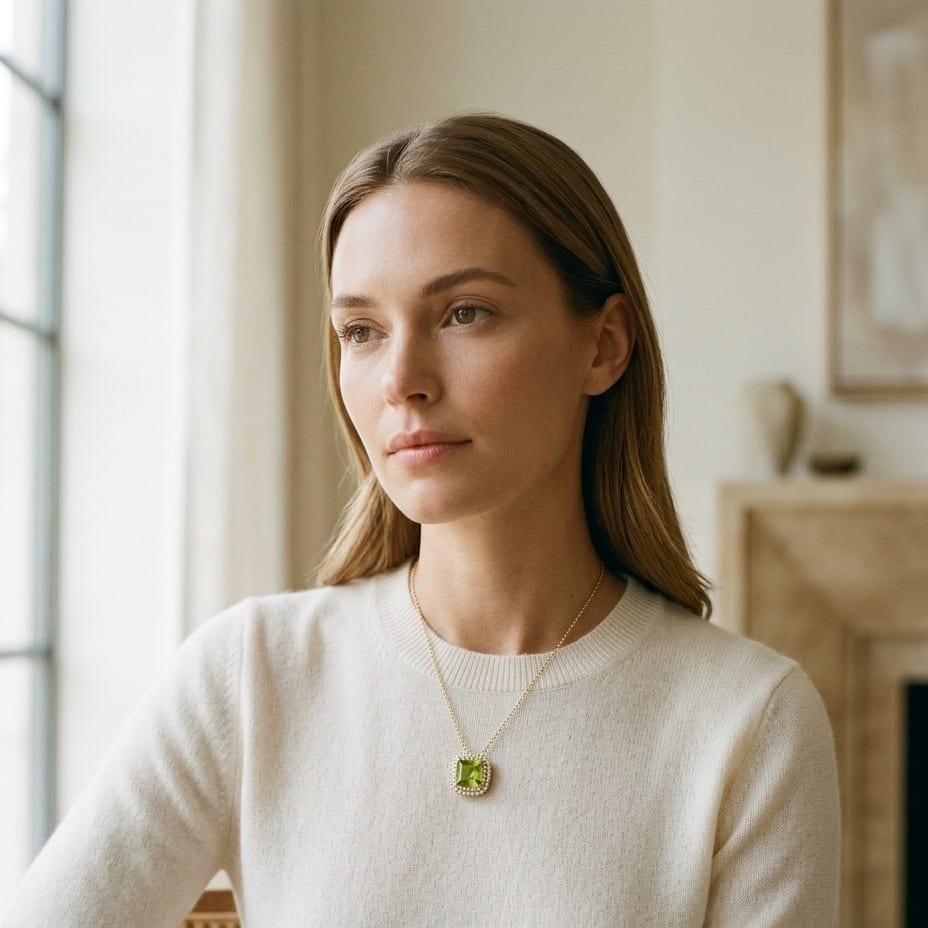 Peridot Cushion & Diamond Double Halo Pendant in 14K Yellow Gold - on model