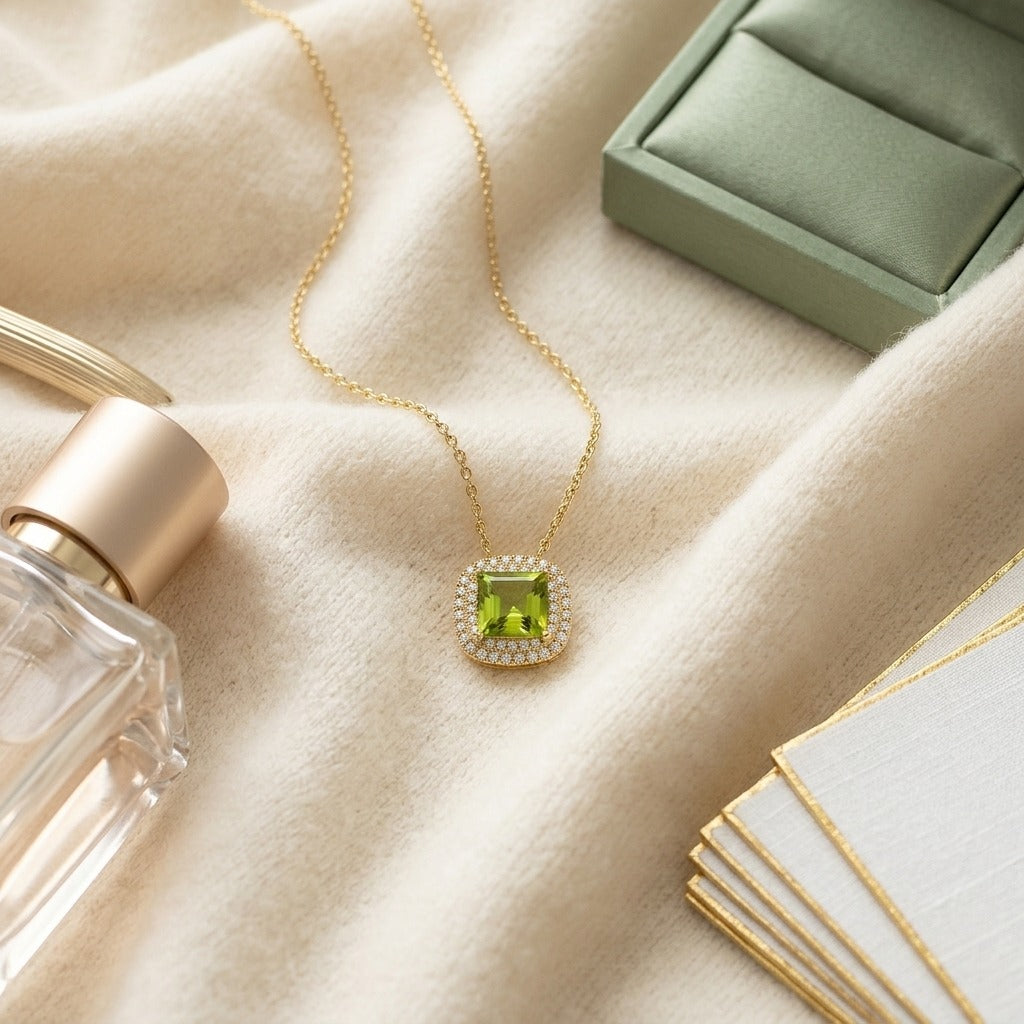 Peridot Cushion & Diamond Double Halo Pendant in 14K Yellow Gold - flat lay