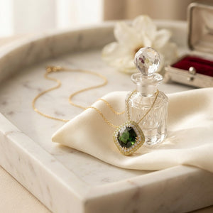 Green Tourmaline Cushion Pendant with Peridot & Diamond Borders in 14K Yellow Gold - lifestyle
