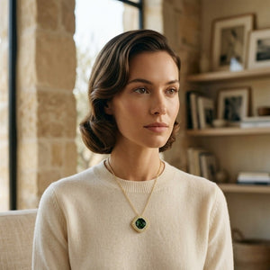 Green Tourmaline Cushion Pendant with Peridot & Diamond Borders in 14K Yellow Gold - on model