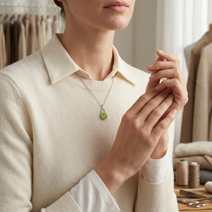 Swiss Blue Topaz Round Brilliant Halo Pendant in 14K Yellow Gold, worn on hand, full view