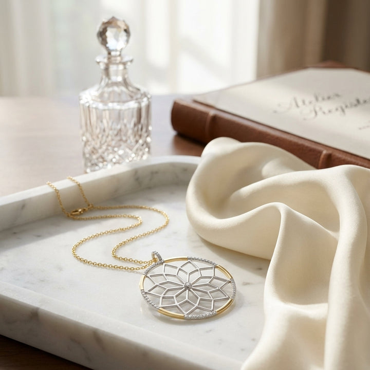 Diamond Snowflake Pendant with Circular Frame 1/3ctw, 16-18 Inch Adjustable Rolo Chain in 14K Yellow Gold - lifestyle