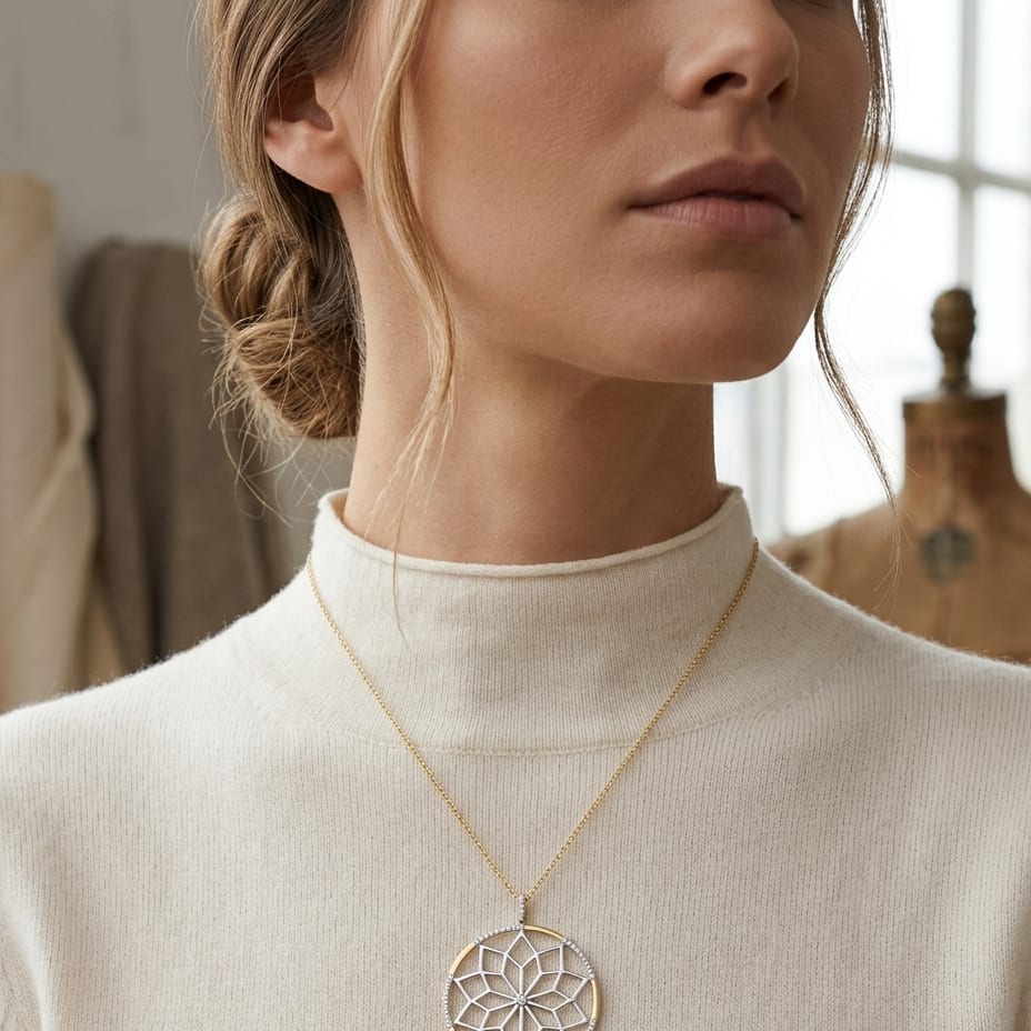 Diamond Snowflake Pendant with Circular Frame 1/3ctw, 16-18 Inch Adjustable Rolo Chain in 14K Yellow Gold - editorial