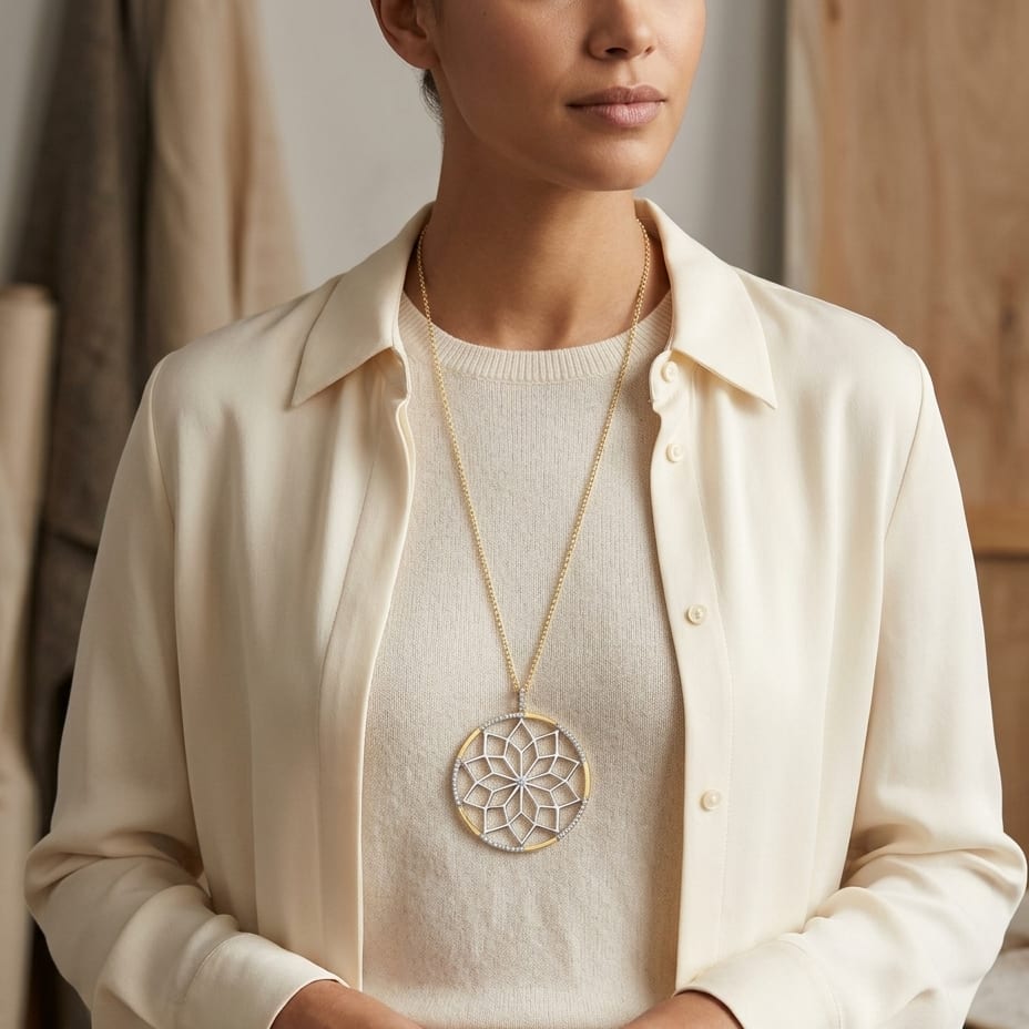 Diamond Snowflake Pendant with Circular Frame 1/3ctw, 16-18 Inch Adjustable Rolo Chain in 14K Yellow Gold - on model