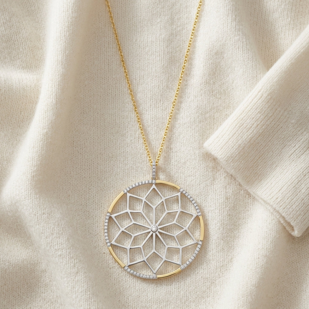 Diamond Snowflake Pendant with Circular Frame 1/3ctw, 16-18 Inch Adjustable Rolo Chain in 14K Yellow Gold - flat lay