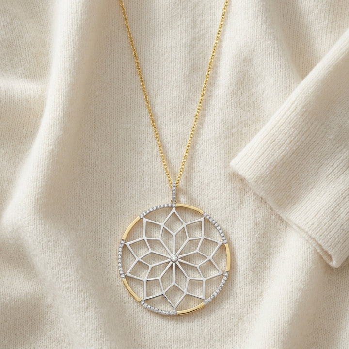 Diamond Snowflake Pendant with Circular Frame 1/3ctw, 16-18 Inch Adjustable Rolo Chain in 14K Yellow Gold - flat lay
