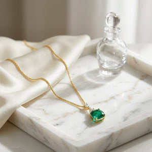 Lab Emerald 8mm Cushion, Round & Marquise Diamonds Pendant with Chain Set in 14K Yellow Gold - lifestyle