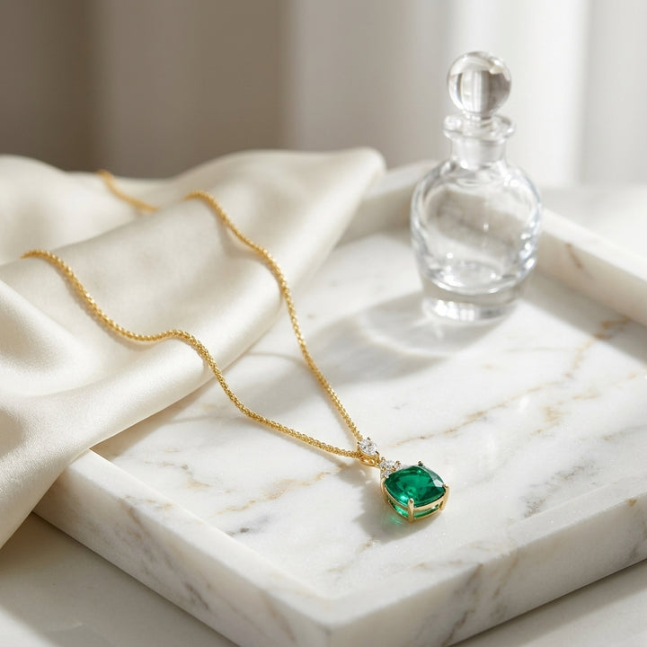 Lab Emerald 8mm Cushion, Round & Marquise Diamonds Pendant with Chain Set in 14K Yellow Gold - lifestyle