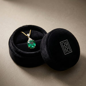 Lab Emerald 8mm Cushion, Round & Marquise Diamonds Pendant with Chain Set in 14K Yellow Gold - presentation