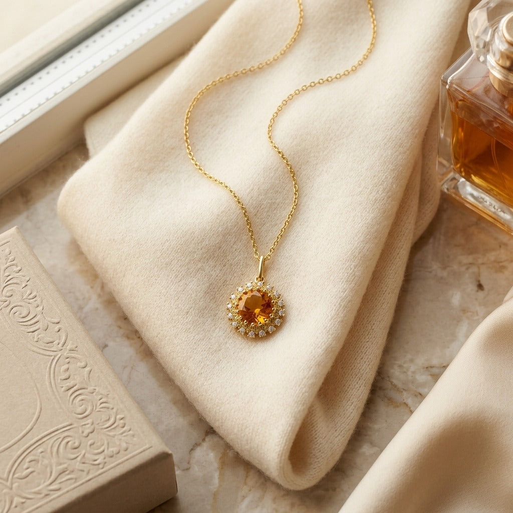 Citrine Yellow Sapphire & Diamond Burst Circle Pendant 1/10ctw 16-17-18 Inch Adjustable Chain in 14K Yellow Gold - flat lay