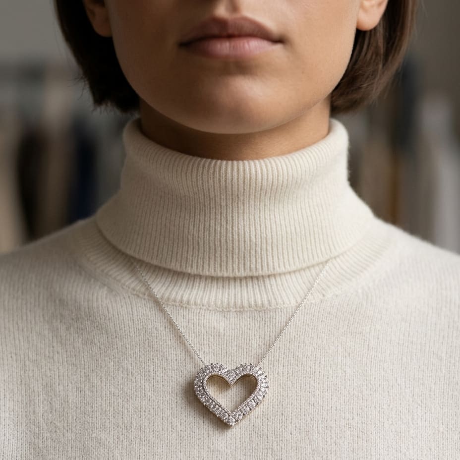 Diamond Open Heart Millgrain Pendant 1/3ctw with Adjustable Chain 16-17-18 Inch in 14K Yellow Gold - lifestyle