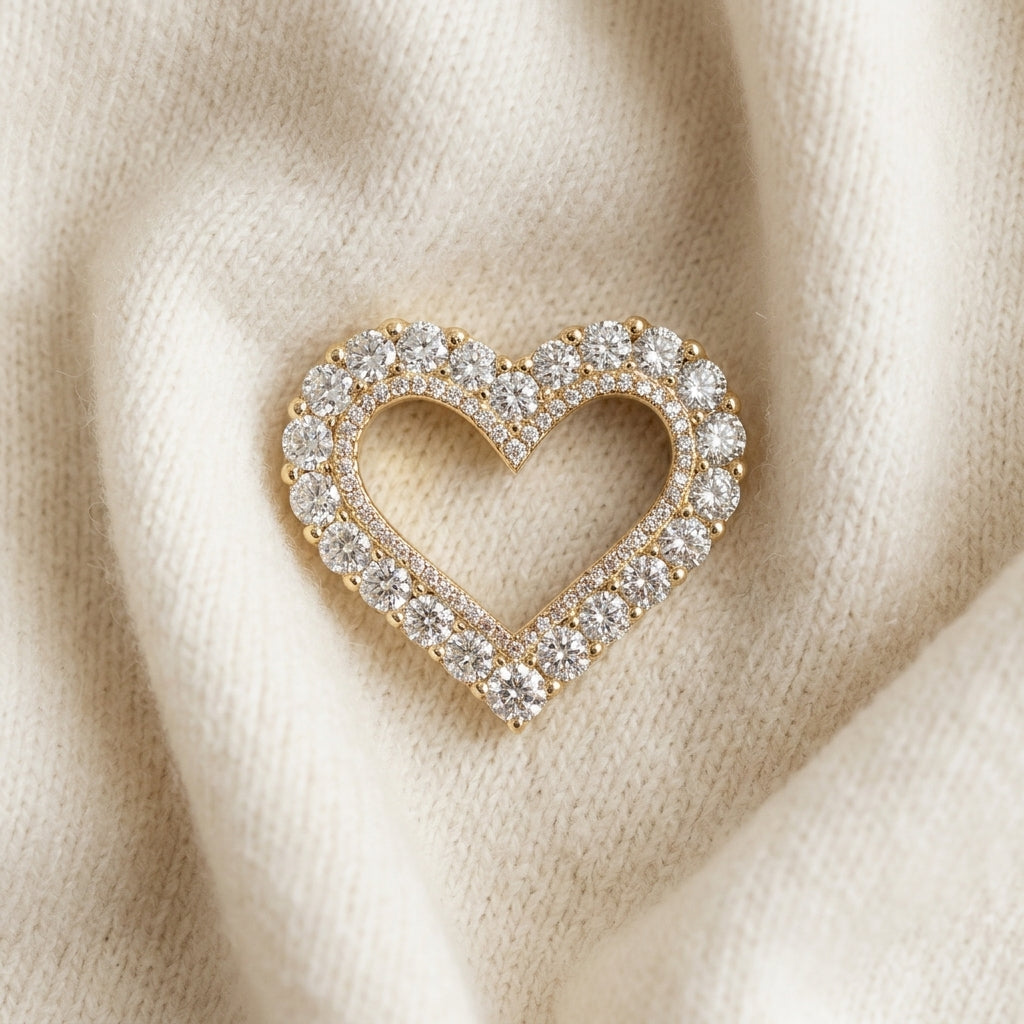 Diamond Open Heart Millgrain Pendant 1/3ctw with Adjustable Chain 16-17-18 Inch in 14K Yellow Gold - flat lay