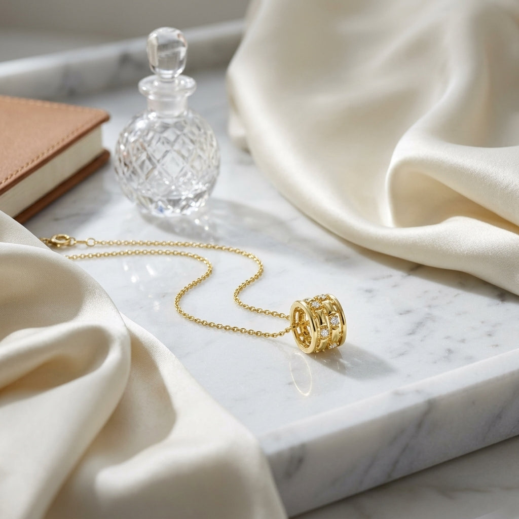 Diamond Barrel Pendant 1/6ctw 18-20 Inch Adj Chain in 14K Yellow Gold - lifestyle