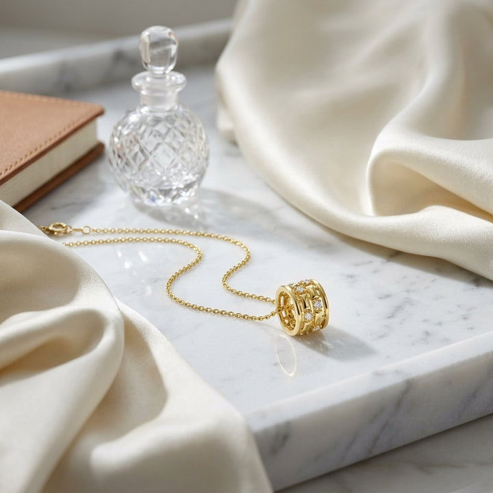 Diamond Barrel Pendant 1/6ctw 18-20 Inch Adj Chain in 14K Yellow Gold - lifestyle