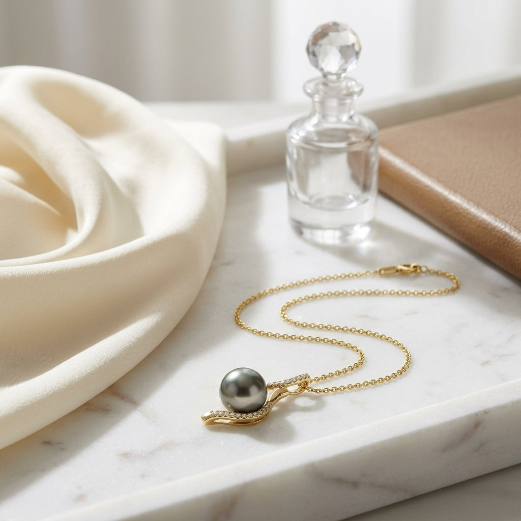 Tahitian Pearl & Diamond Swirl Pendant 1/10ctw 18-in Adj Cable Ch in 14K Yellow Gold - editorial