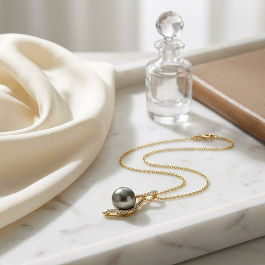 Tahitian Pearl & Diamond Swirl Pendant 1/10ctw 18-in Adj Cable Ch in 14K Yellow Gold - editorial