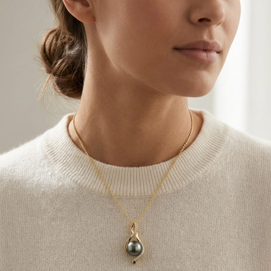 Tahitian Pearl & Diamond Swirl Pendant 1/10ctw 18-in Adj Cable Ch in 14K Yellow Gold - lifestyle
