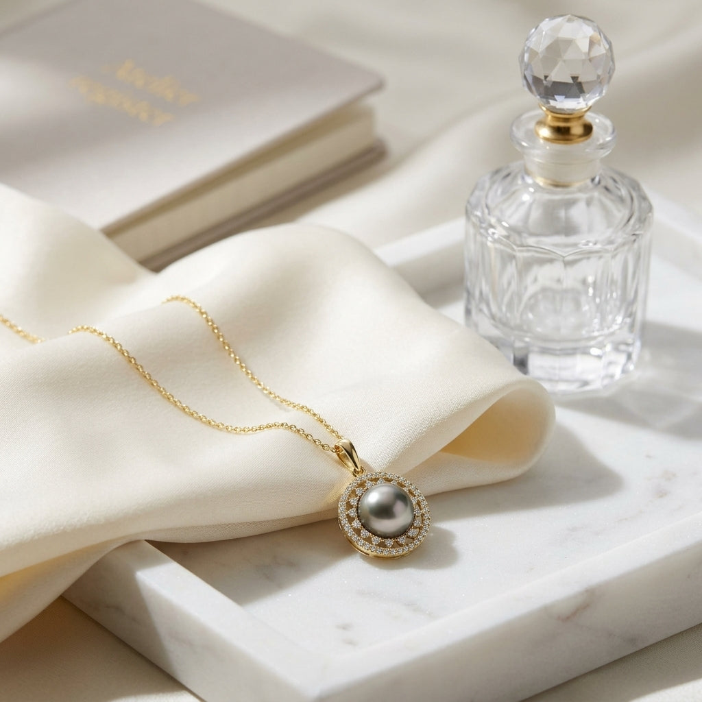 Tahitian Pearl & Diamond Dangle Halo Pendant 1/4ctw 18-in Adj Cable Ch in 14K Yellow Gold - lifestyle