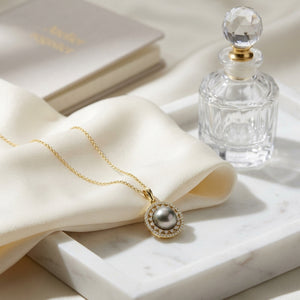 Tahitian Pearl & Diamond Dangle Halo Pendant 1/4ctw 18-in Adj Cable Ch in 14K Yellow Gold - lifestyle