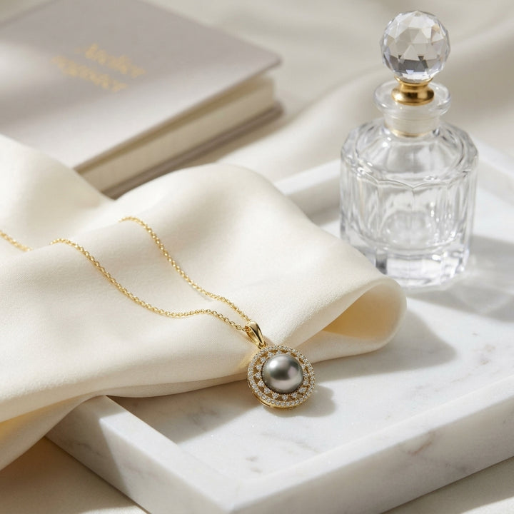 Tahitian Pearl & Diamond Dangle Halo Pendant 1/4ctw 18-in Adj Cable Ch in 14K Yellow Gold - lifestyle