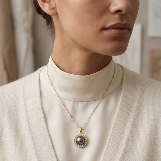 Tahitian Pearl & Diamond Dangle Halo Pendant 1/4ctw 18-in Adj Cable Ch in 14K Yellow Gold - editorial