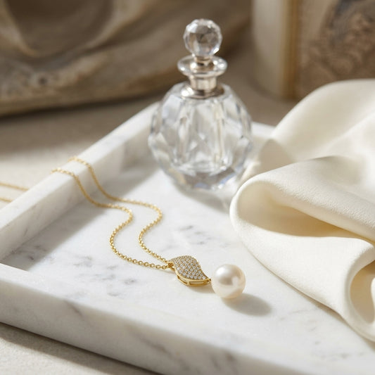 Freshwater Pearl & Diamond Leaf Pendant in 14K Yellow Gold - editorial