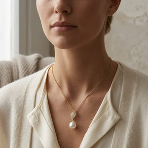Freshwater Pearl & Diamond Leaf Pendant in 14K Yellow Gold - lifestyle