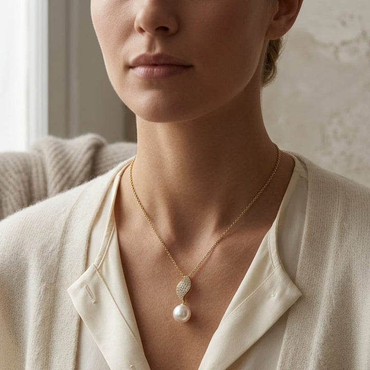 Freshwater Pearl & Diamond Leaf Pendant in 14K Yellow Gold - lifestyle