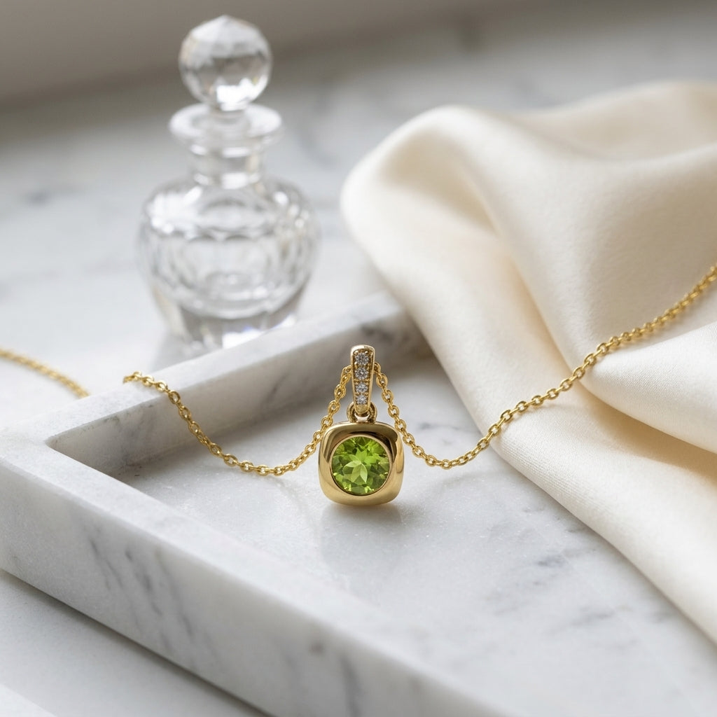 Peridot Round Bezel & Diamond 0.02ctw Pendant Set 16-18 Adj Chain in 14K Yellow Gold - editorial