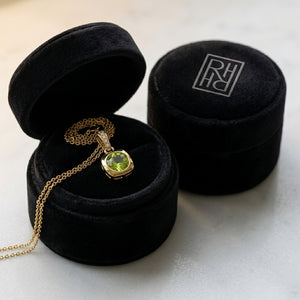 Peridot Round Bezel & Diamond 0.02ctw Pendant Set 16-18 Adj Chain in 14K Yellow Gold - presentation