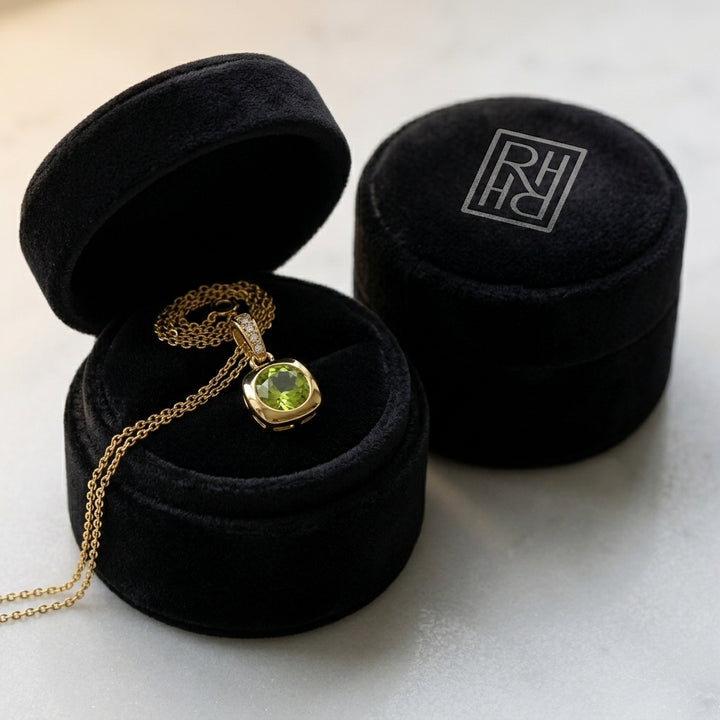 Peridot Round Bezel & Diamond 0.02ctw Pendant Set 16-18 Adj Chain in 14K Yellow Gold - presentation