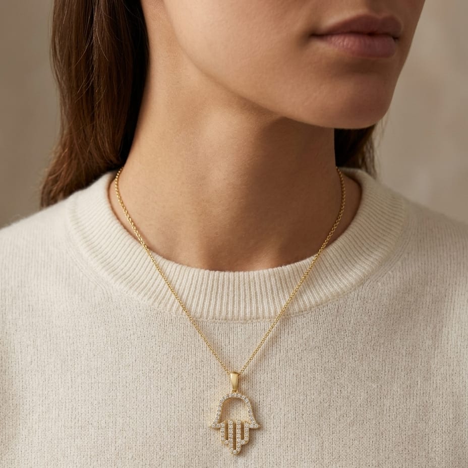 Diamond Pave Hamsa Pendant in 14K Yellow Gold - lifestyle