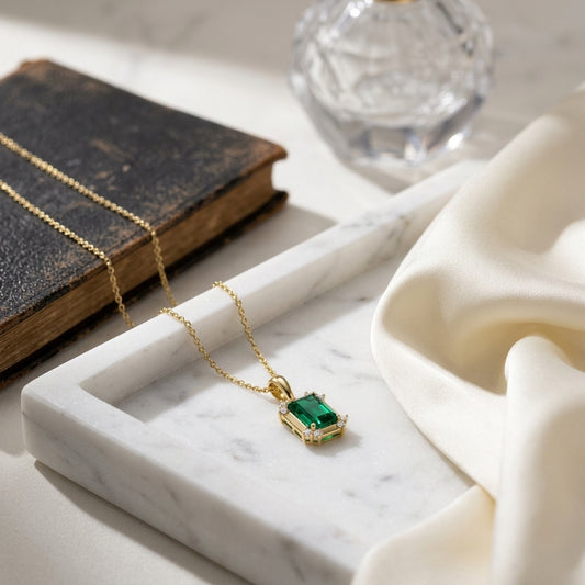 Created Emerald & Diamond Pendant 1/10ctw, 16-18 Adj Chain in 14K Yellow Gold - editorial