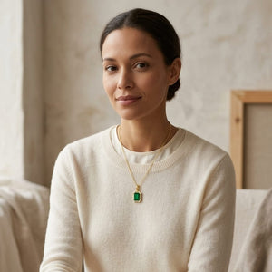Created Emerald & Diamond Pendant 1/10ctw, 16-18 Adj Chain in 14K Yellow Gold - on model