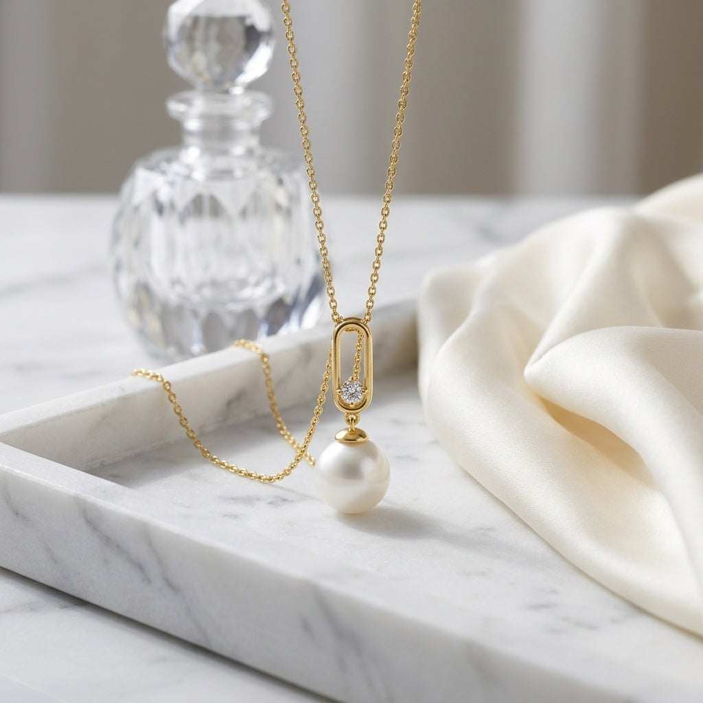 Freshwater Pearl & Diamond Pendant 1/12ctw Adjustable 16-18 Inch Chain in 14K Yellow Gold - lifestyle