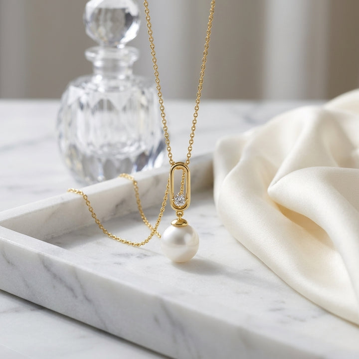Freshwater Pearl & Diamond Pendant 1/12ctw Adjustable 16-18 Inch Chain in 14K Yellow Gold - lifestyle