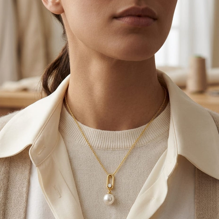Freshwater Pearl & Diamond Pendant 1/12ctw Adjustable 16-18 Inch Chain in 14K Yellow Gold - editorial