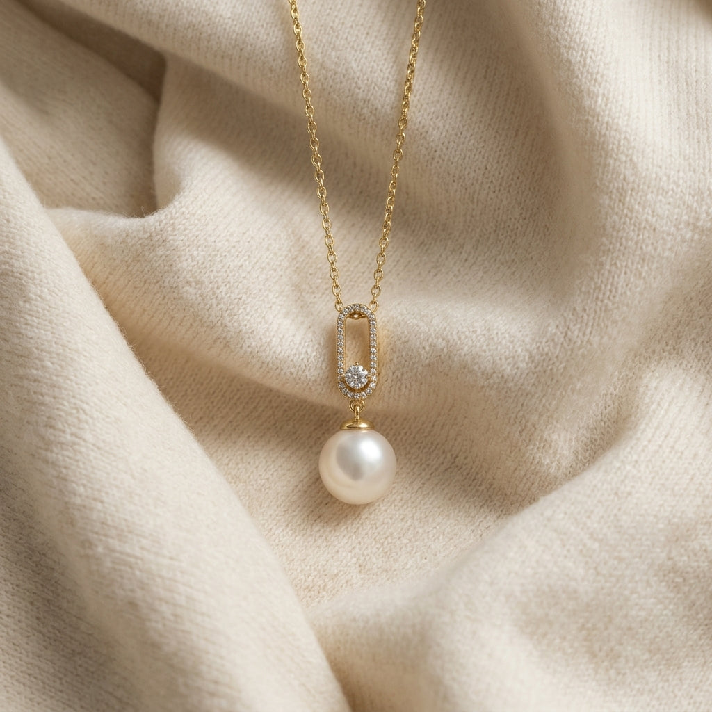 Freshwater Pearl & Diamond Pendant 1/12ctw Adjustable 16-18 Inch Chain in 14K Yellow Gold - flat lay