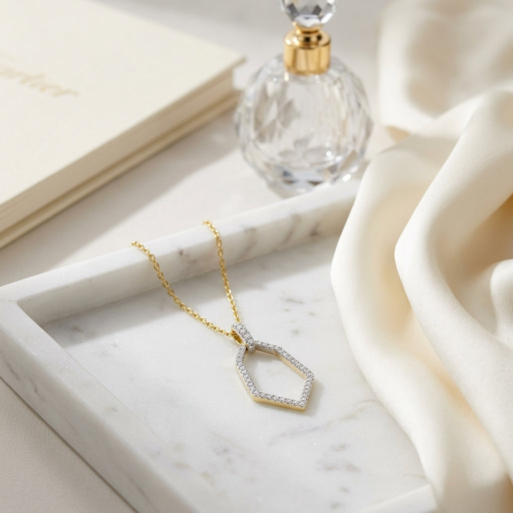 Diamond Open Kite Shield Pendant 3/8ctw, 16-18 Inch Adjustable Cable Chain in 14K Yellow Gold - lifestyle