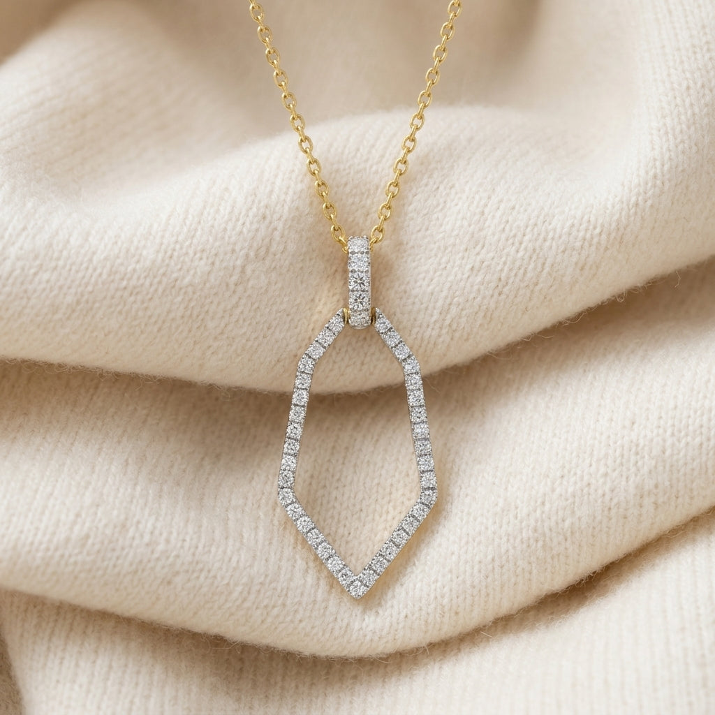 Diamond Open Kite Shield Pendant 3/8ctw, 16-18 Inch Adjustable Cable Chain in 14K Yellow Gold - flat lay