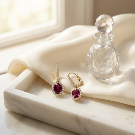 Rhodolite Garnet & Diamond Oval Halo Dangle Earrings with Pave Leverbacks in 14K Yellow Gold - editorial