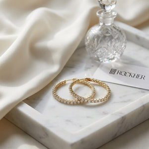 Diamond Hoop Earrings in 14K Yellow Gold (5 Ct. Tw.) Si, on marble vanity tray with silk
