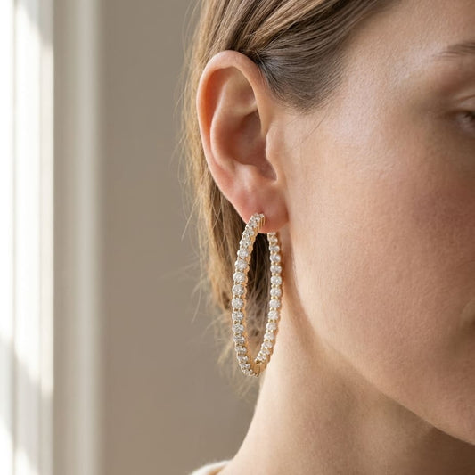Diamond Hoop Earrings in 14K Yellow Gold (5 Ct. Tw.) Si, worn close-up portrait