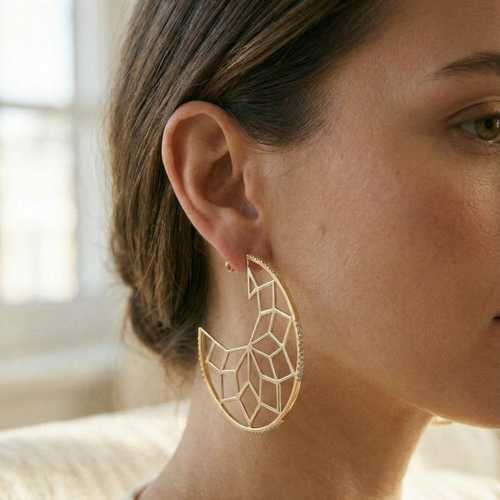 Diamond Snowflake Earrings in 14k Yellow Gold 0.33ctw, worn close-up portrait